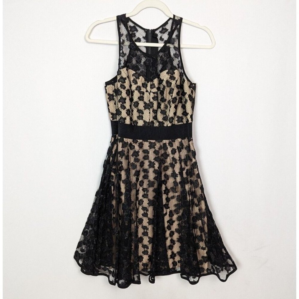 New $541 Milly 4 Silk Sleeveless Fit Flare Party Lace Knee Length Dress Cocktail